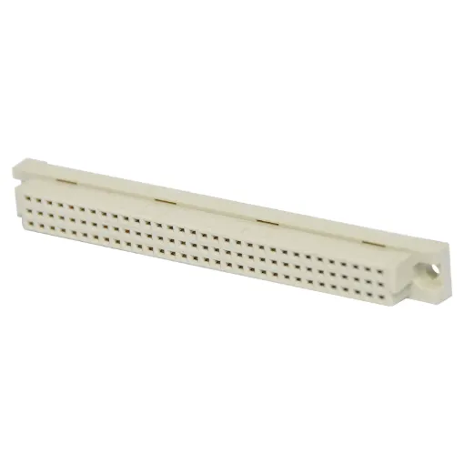 Moulded glass-filled polyester connectors to DIN 41612 with gold contacts. The plug moulding houses single piece 90 deg. Angled pins on a 0.1 inch pitch between rows, allowing horizontal mounting on Eurocards whilst the mating sockets have flow solde