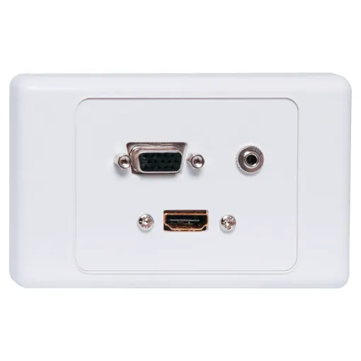 Flylead Wallplate fitted with VGA, HDMI and 3.5mm audio.