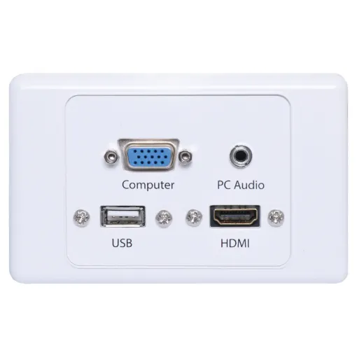 Flylead Wallplate fitted with HD9 female VGA, 3.5mm audio, HDMI &amp USB Type A.