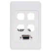 Screw Terminal Type VGA Plates are fitted with HD9 female VGA connector and 4 blank mech spaces. Includes PCB mounted terminal block connector.