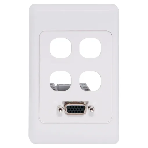 Screw Terminal Type VGA Plates are fitted with HD9 female VGA connector and 4 blank mech spaces. Includes PCB mounted terminal block connector.