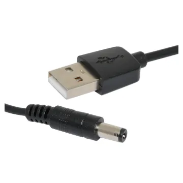 A black 1m lead with a 2.1mm DC plug to a USB type 'A' plug. Suitable for powering 5V devices.