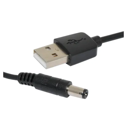 A black 1m lead with a 2.1mm DC plug to a USB type 'A' plug. Suitable for powering 5V devices.