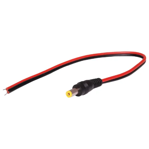 A pigtail 2.1mm DC power jack with bare ends for connection to a power source. Ideal for powering DC devices from batteries. Tip positive. 30cm.