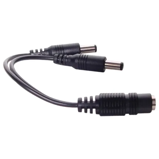 A black 2m, 2.1mm DC Lead consisting of 2 sockets to 2 plugs.