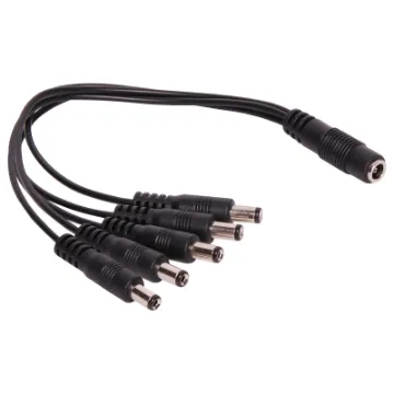 A black 200mm, 2.1mm DC Lead consisting of a socket to 5 plugs.