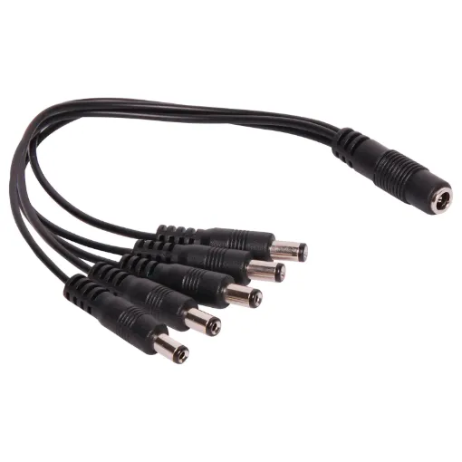 A black 200mm, 2.1mm DC Lead consisting of a socket to 5 plugs.