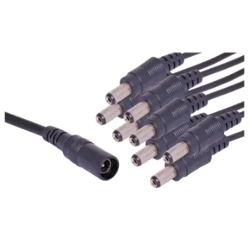 A black 360mm, 2.1mm DC Lead consisting of a socket to 8 plugs.