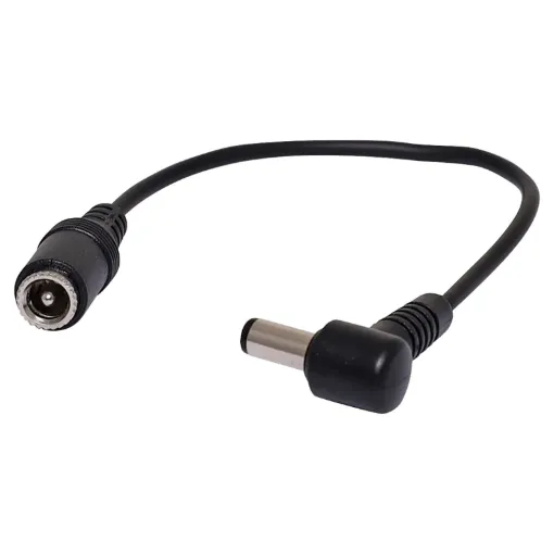 2.5mm Socket to 2.5mm right angle (90°) plug cable. Allows you to connect power to equipment with limited rear space behind equipment. Minimises cable strain and plug damage in tight spaces.