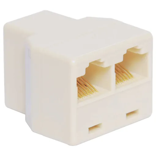Accepts a single RJ45 8P8C modular plug and outputs to dual RJ45 8P8C sockets.