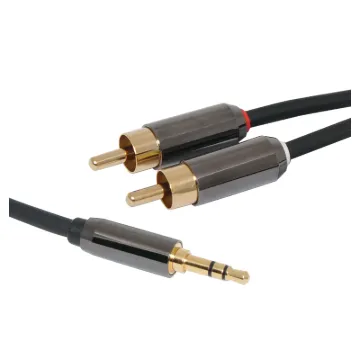 3.5mm Stereo Plug to 2 RCA Male Lead, 1m. Diecast connector bodies, gold plated contacts.