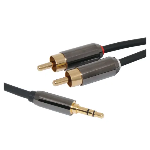 3.5mm Stereo Plug to 2 RCA Male Lead, 1m. Diecast connector bodies, gold plated contacts.