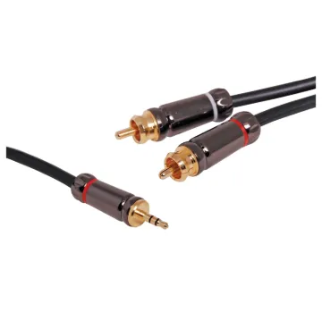 3.5mm Stereo Plug to 2 RCA Male Lead, 3m. Diecast connector bodies, gold plated contacts.