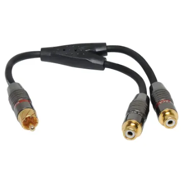 Male RCA to Dual RCA Female Lead, 0.2m. Diecast connector bodies, gold plated contacts.