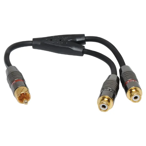Male RCA to Dual RCA Female Lead, 0.2m. Diecast connector bodies, gold plated contacts.