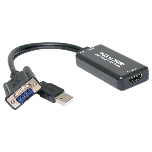 Converts VGA signal to HDMI. Ideal for connecting VGA equipment to modern HDMI monitors & televisions. Supports virtual 7.1ch audio over HDMI or 3.5mm stereo output.