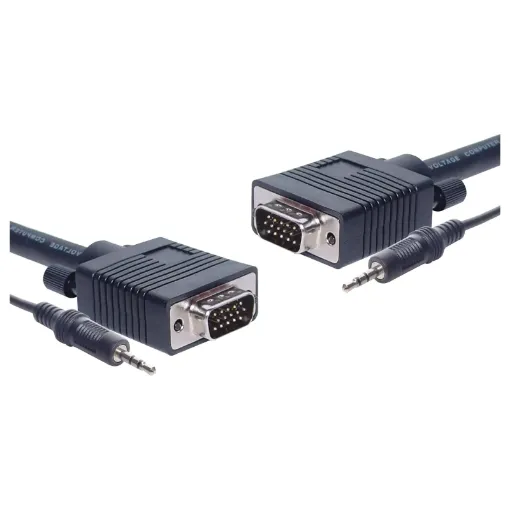 Filtered VGA+3.5mm Stereo DE15 Male-Male Lead, 10m. Ferrite core on each end to reduce EMF interference. Tightly woven shield and cores meet UL2919 specification.