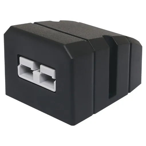 This Anderson style connector features an enclosure for surface mounting on vehicle cabinets or bodywork.