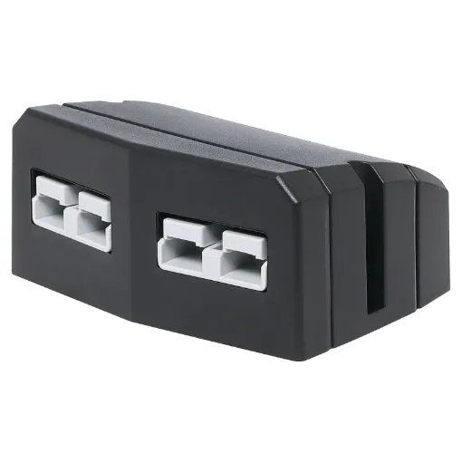 This Anderson style connector features an enclosure for surface mounting on vehicle cabinets or bodywork.