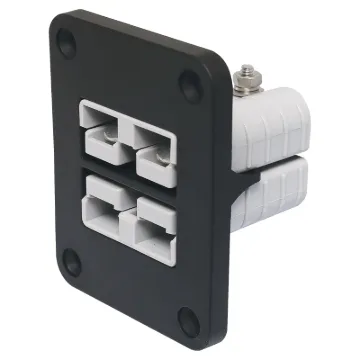 This Anderson style connector features an enclosure for panel mounting on vehicle cabinets or bodywork.