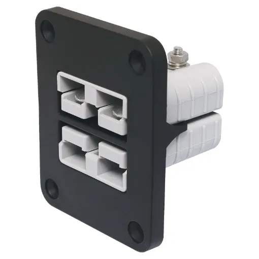 This Anderson style connector features an enclosure for panel mounting on vehicle cabinets or bodywork.
