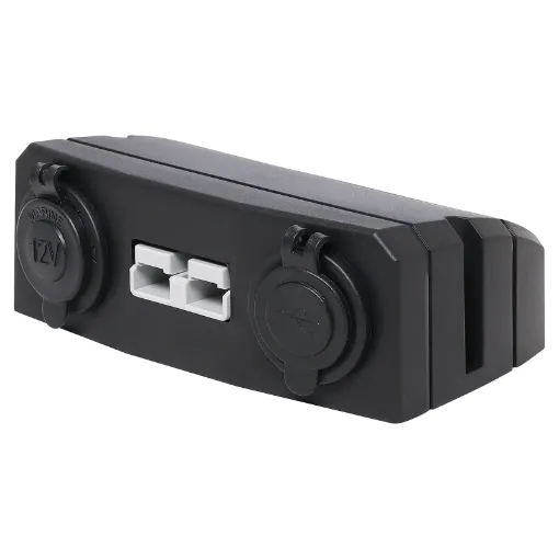 This Anderson Style connector features an enclosure for surface mounting on vehicle cabinets or bodywork.