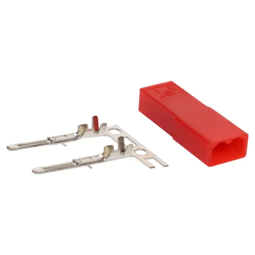 This JST Style RCY 2-Way 1.3mm Crimp DC Plug is widely used in RC hobbies. Includes terminal crimps. 2.54mm (0.1") pin spacing. Colour: Red. Cable entry: 1.3mm.