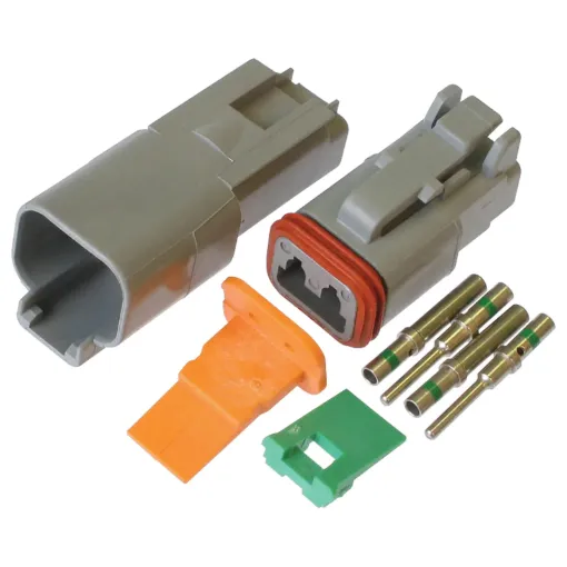 World famous Deutsch weatherproof IP67 pluggable connectors for automotive and industrial wiring. Supplied in a set including crimp pins, gasket, male and female connector bodies. 13A rated. DE-DT2-1.