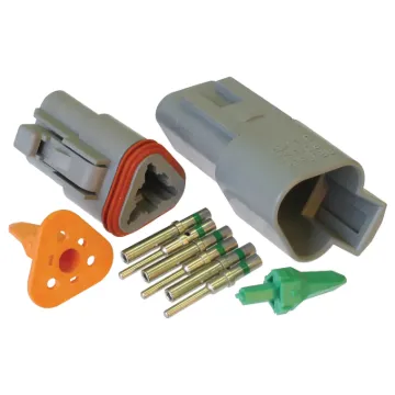 World famous Deutsch weatherproof pluggable connectors for automotive and industrial wiring. Supplied in a set including crimp pins, gasket, male and female connector bodies. 13A rated. DE-DT3-1.