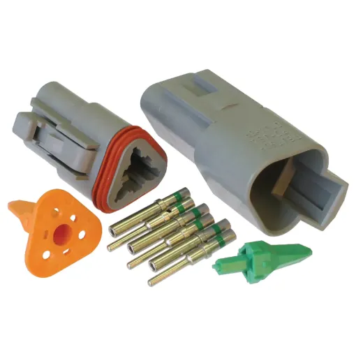 World famous Deutsch weatherproof pluggable connectors for automotive and industrial wiring. Supplied in a set including crimp pins, gasket, male and female connector bodies. 13A rated. DE-DT3-1.