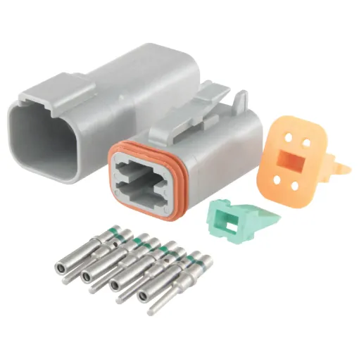 World famous Deutsch weatherproof pluggable connectors for automotive and industrial wiring. Supplied in a set including crimp pins, gasket, male and female connector bodies. 13A rated. DE-DT4-1.
