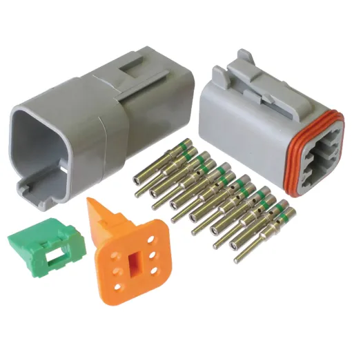 World famous Deutsch weatherproof pluggable connectors for automotive and industrial wiring. Supplied in a set including crimp pins, gasket, male and female connector bodies. 13A rated. DE-DT6-1.