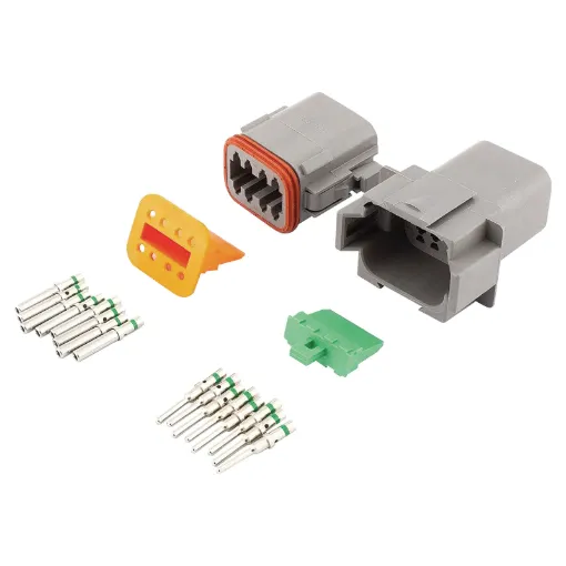 World famous IP67 weatherproof pluggable connectors for automotive and industrial wiring. Supplied in a set including crimp pins, gasket, male and female connector bodies. DE-DT8-1.
