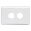 Dual wallplate to suit any standard dimension SpeakOn sockets. Countersunk screw holes. Mounting hole spacing 19W x 24Hmm.