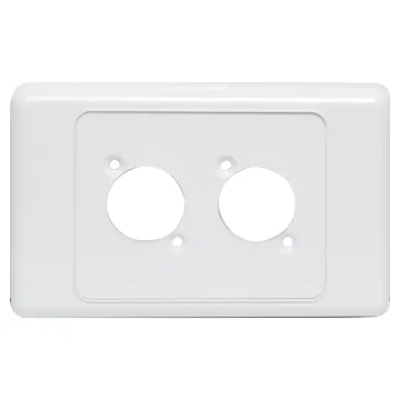 Dual wallplate to suit any standard dimension SpeakOn sockets. Countersunk screw holes. Mounting hole spacing 19W x 24Hmm.
