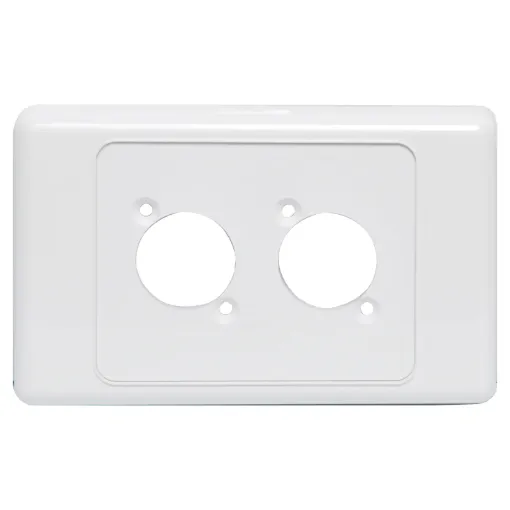 Dual wallplate to suit any standard dimension SpeakOn sockets. Countersunk screw holes. Mounting hole spacing 19W x 24Hmm.