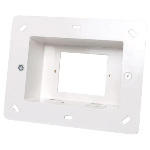 Addresses a common requirement of installing AV or power connections flush to the wall behind cabinets or televisions. Designed for 70 & 90mm cavities. 
185W x 145H x 60Dmm. 
Hole Cut:  166 x 100mm
Wallplate not included.