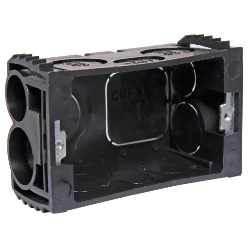 Plastic Mains wall box with multiple conduit entries.