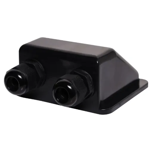 A handy dual gland cable entry point for caravans, campers and vehicles with roof mounted solar panels. Can be surface mounted using silastic or similar weatherproof adhesive. Size: 100W x 88D x 49Hmm.