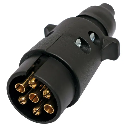 A user wireable 7 Pin round trailer plug. Connects to the trailer with a large 7 pin round socket (P8087).
Suitable for use with W4222 7 core trailer cable.