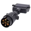 7 pin round to 7 pin flat trailer adapter.  Allows you to connect a trailer with a 7 pin flat connector to a vehicle with large round 7 pin connector.