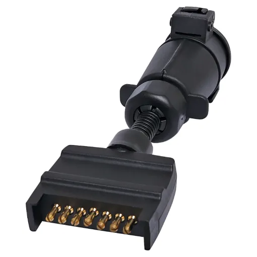 7 pin flat to large 7 pin round trailer adapter. Allows you to connect a trailer with a Large round 7 pin connector to a vehicle with 7 pin flat connector.