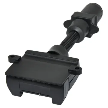 7 pin round to flat trailer adapter.  Allows you to connect a trailer with a 7 pin flat connector to a vehicle with 7 pin round connector.