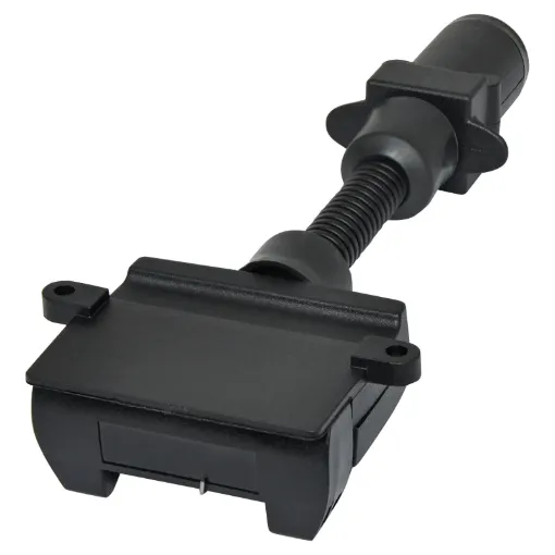 7 pin round to flat trailer adapter.  Allows you to connect a trailer with a 7 pin flat connector to a vehicle with 7 pin round connector.