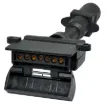7 pin round to flat trailer adapter.  Allows you to connect a trailer with a 7 pin flat connector to a vehicle with 7 pin round connector.