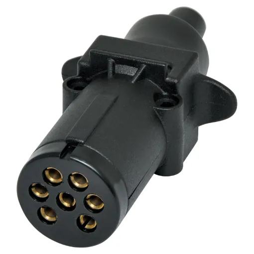 A replacement round 7 pin trailer plug suitable for use with 7 core trailer cable (see W 4222 cable). Suits a 7 pin trailer socket.