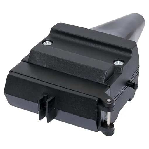 A 12 Pin flat trailer plug. Connects to a 12 pin flat trailer socket (P8097). Suitable for use with 12 core trailer cable.