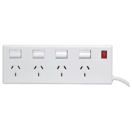 Features 10A overload circuit breaker and 1m lead.
Individually switched outlets.