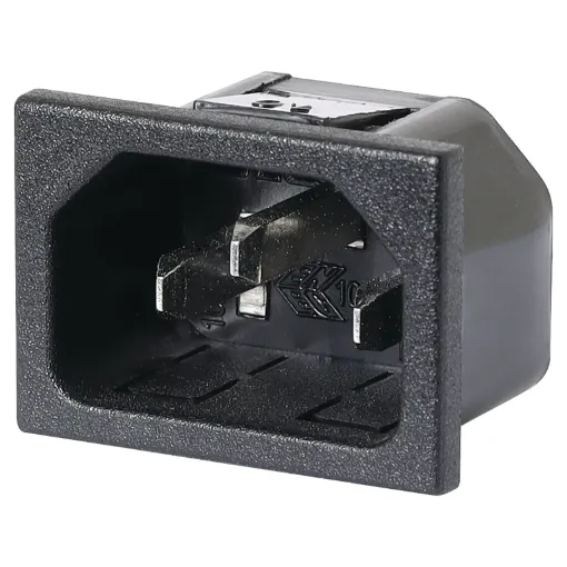 Rated at 10A @ 240V AC. Chassis mount snap-in.
Suits 1mm panel.

Rear connection pins are vertical