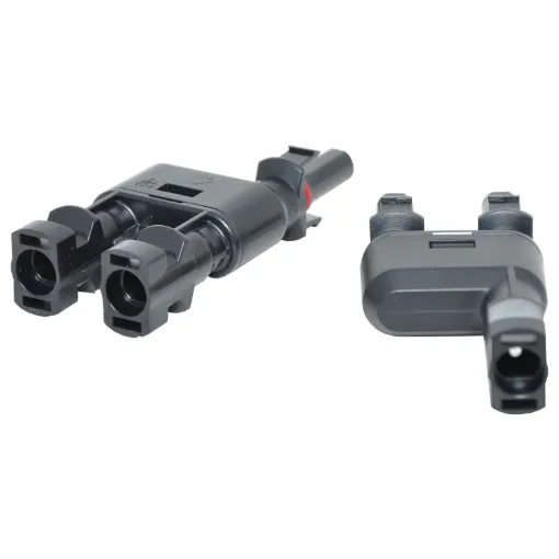 MC4 style dual line plug adaptor designed for use when daisy chaining solar panels together.